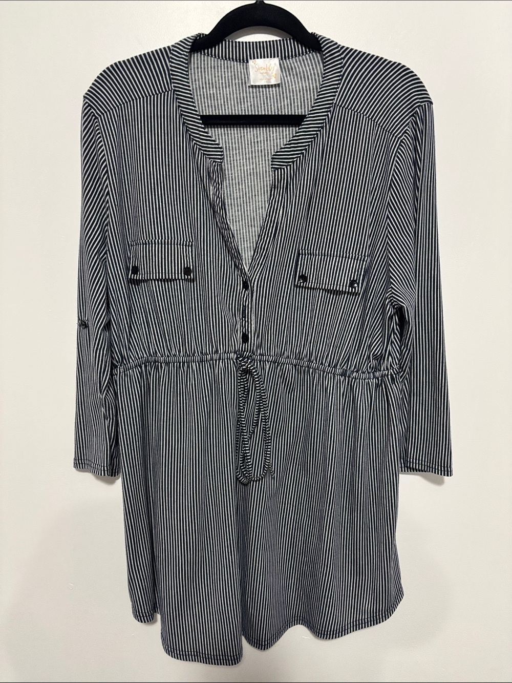 Sirenlily Maternity Striped Tunic Top 2X Navy White Roll Tab 3/4 Sleeve Cinch Wa